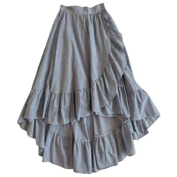 Maje Blue and White Striped Ruffled Wrap-Effect High-Low Maxi Skirt - Picture 4 of 13